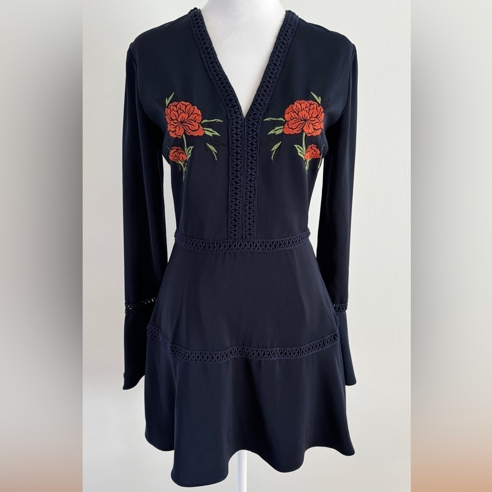 Finders Keepers embroidered bell sleeve navy dress - Picture 3 of 8